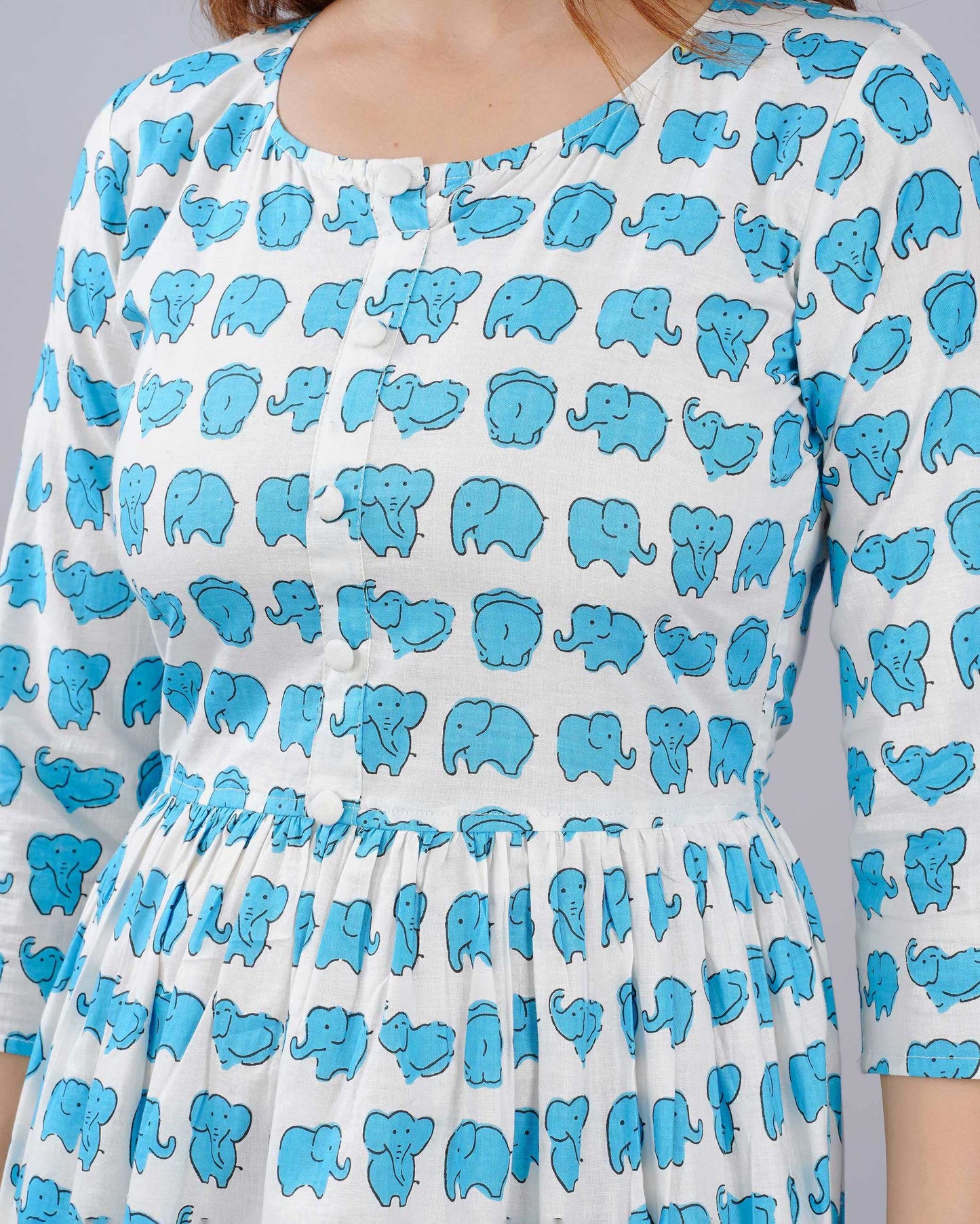 Blue Elephant Hand block Printed Cotton Dress
