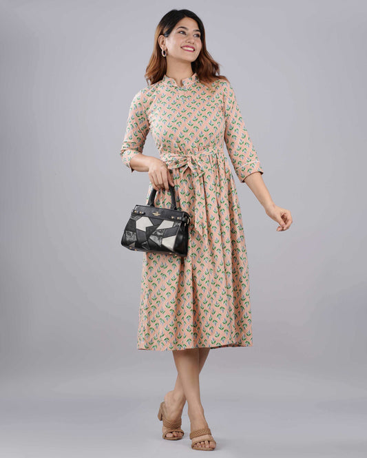 Peach Hand block Printed Cotton Dress