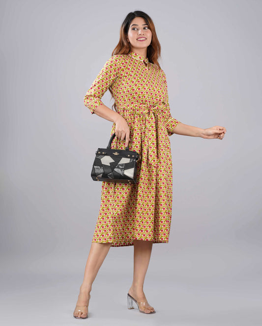 Green Red Floral Hand block Printed Cotton Dress