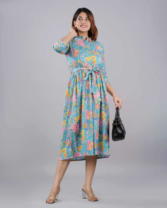 Multi Color Floral Hand block Printed Cotton Dress
