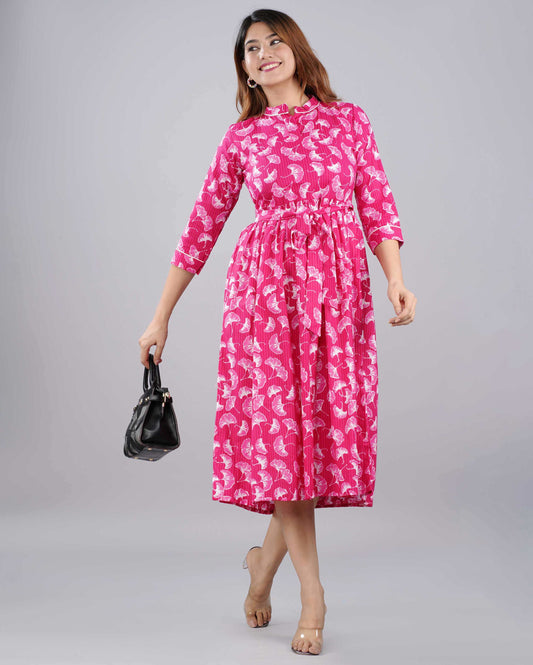 Dark Pink Floral Hand block Printed Cotton Dress