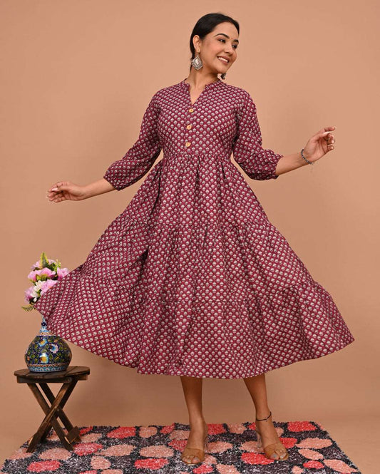 Dark Wine Choti Buti Printed Dress