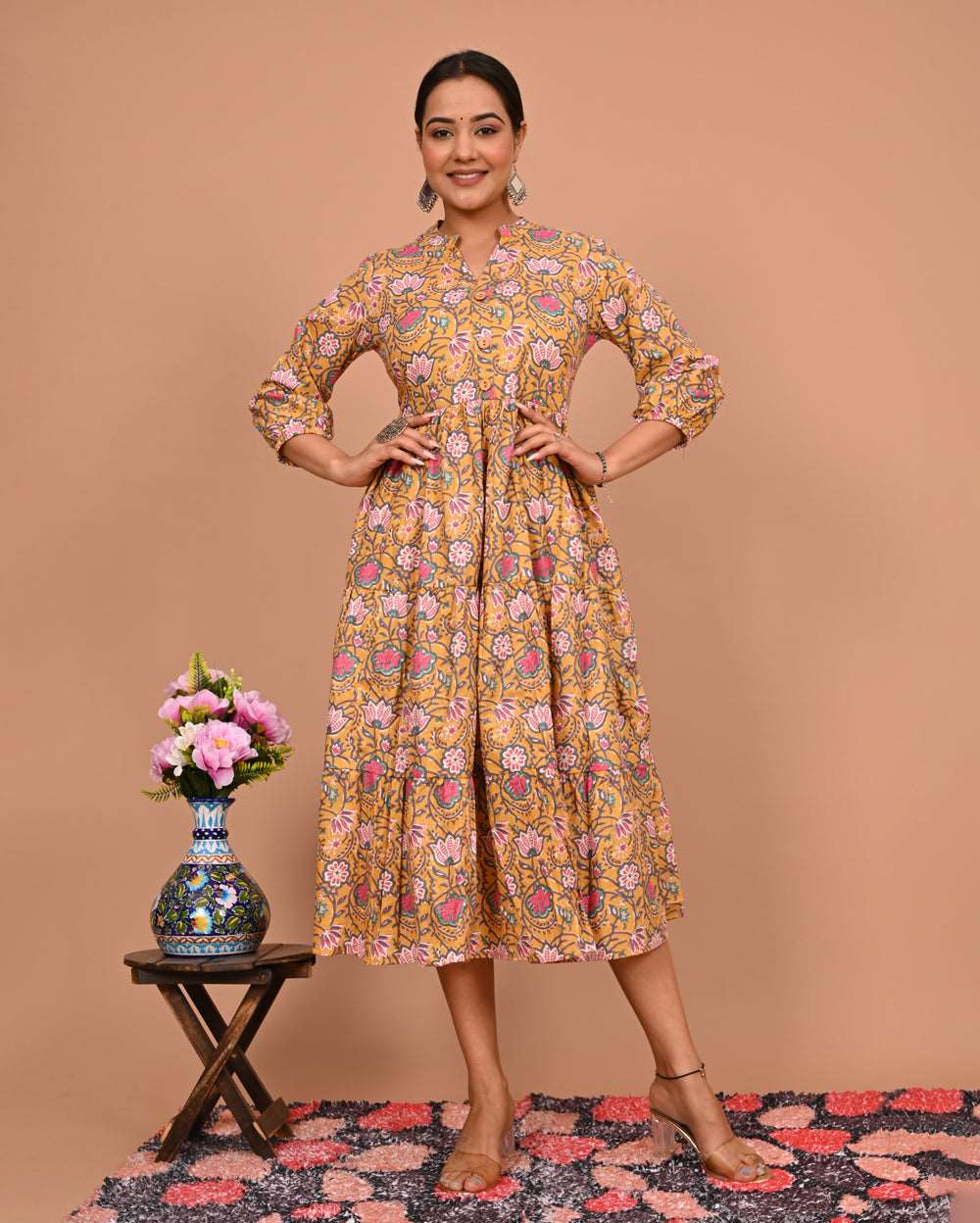 Mustard Pink Jaal Printed Dress