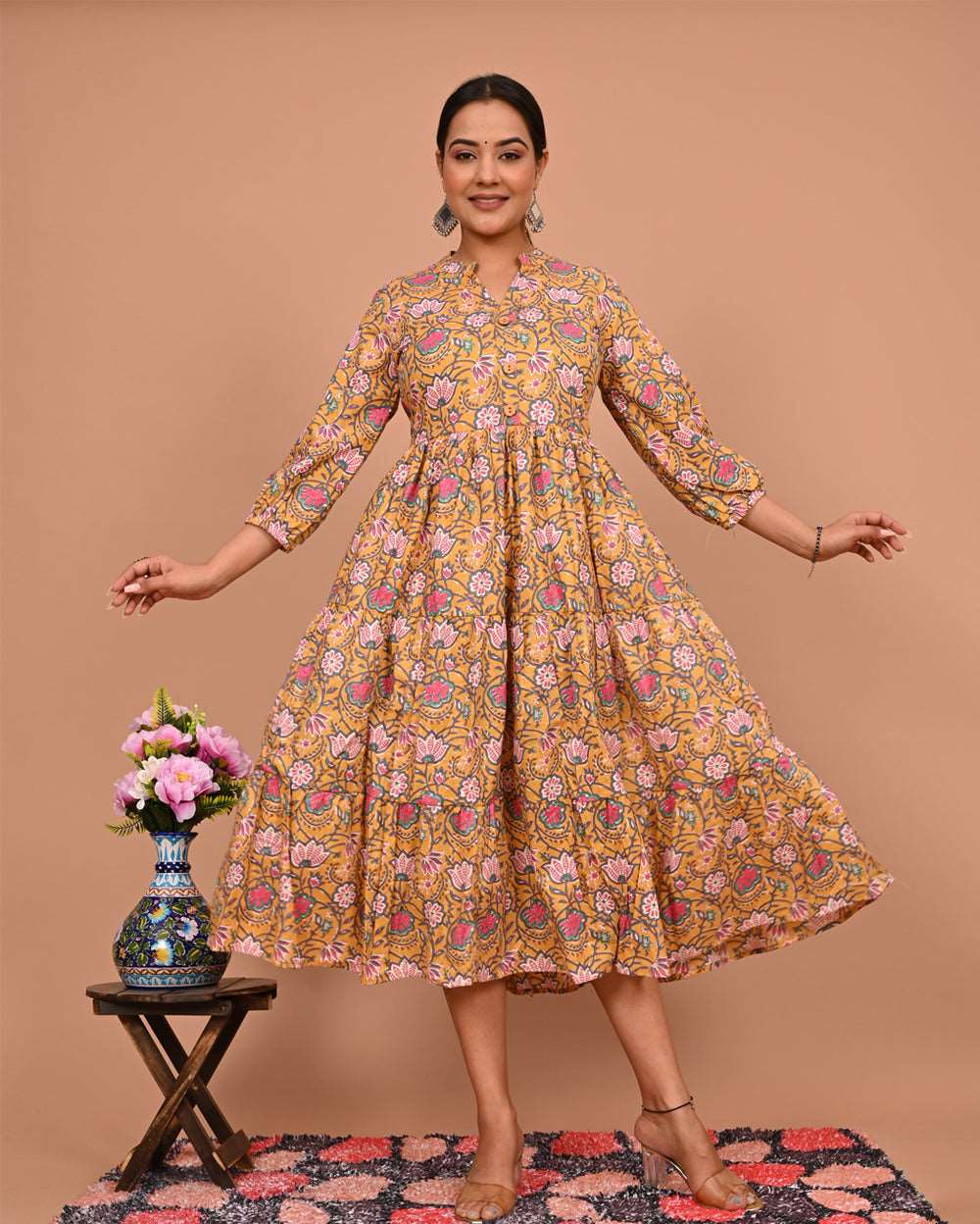 Mustard Pink Jaal Printed Dress