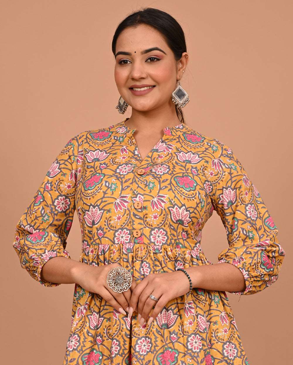 Mustard Pink Jaal Printed Dress