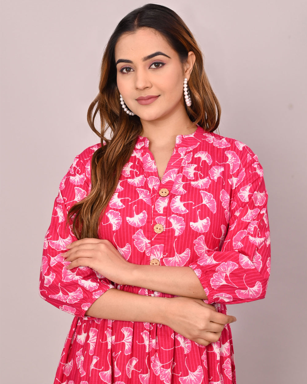 Pink Leaf Printed Dress