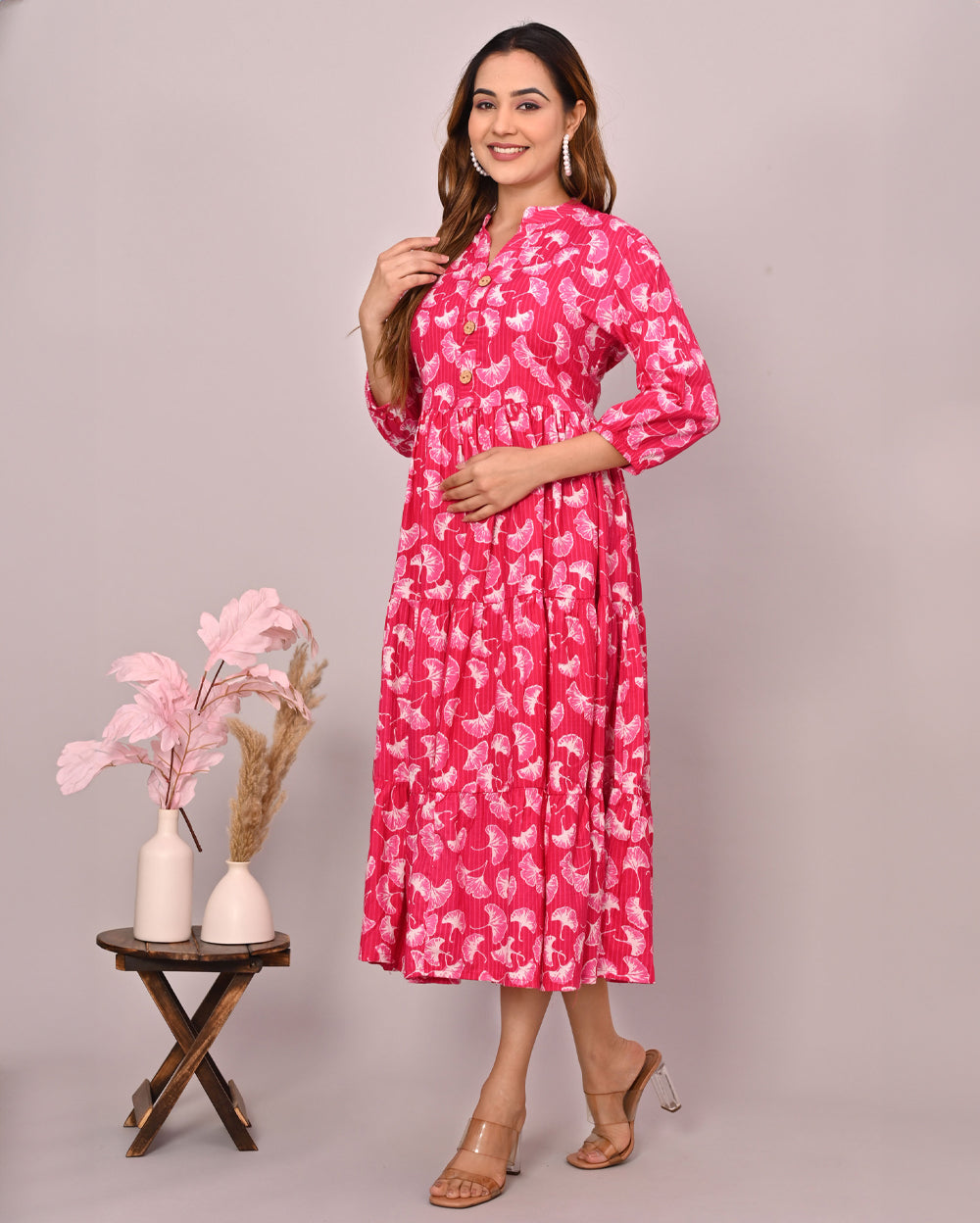 Pink Leaf Printed Dress