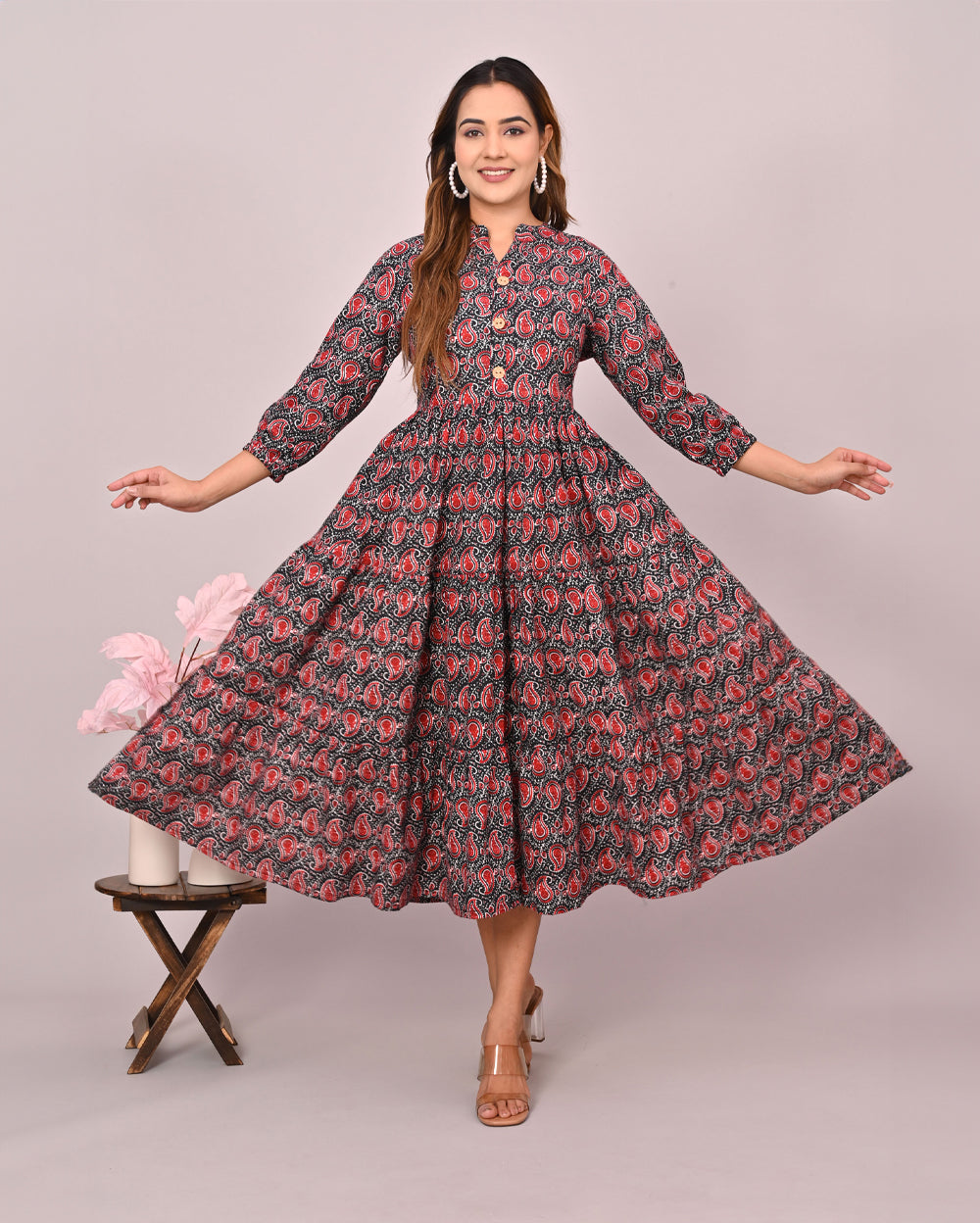 Black Red Paisley Printed Dress