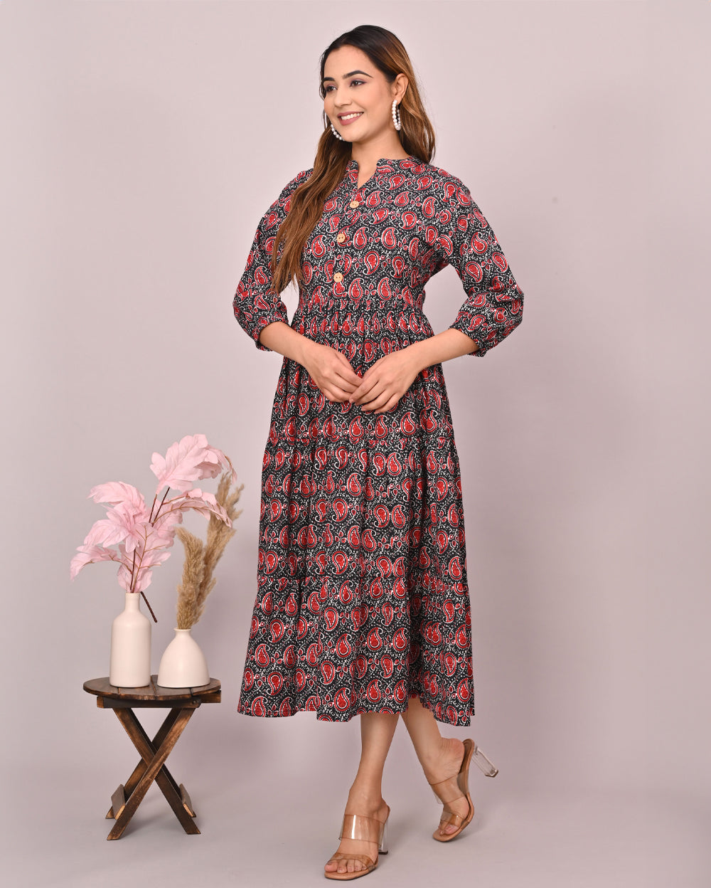 Black Red Paisley Printed Dress