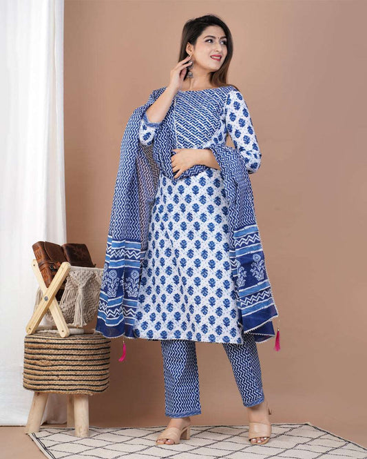 Indigo Blue Buti Printed Cotton Suit Set With Gota Work On Neck and Dupatta
