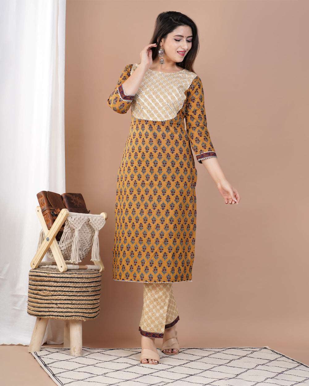 Mustard Buti Printed Cotton Suit Set With Gota Work On Neck and Dupatta