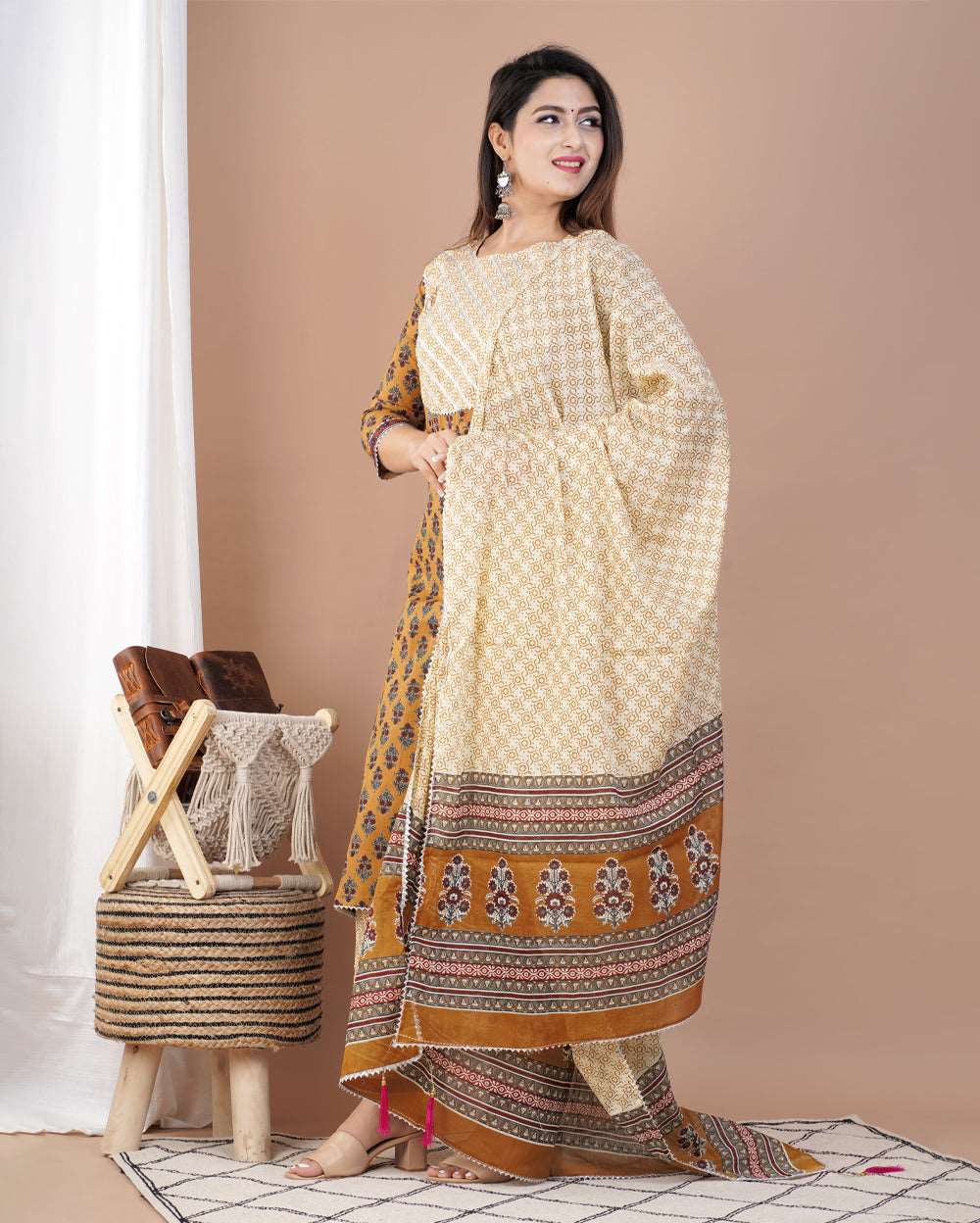 Mustard Buti Printed Cotton Suit Set With Gota Work On Neck and Dupatta