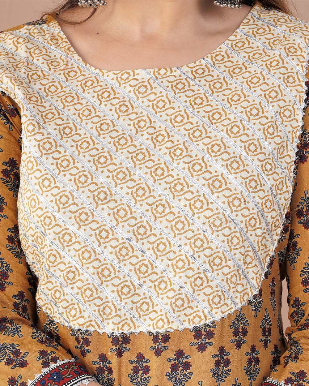 Mustard Buti Printed Cotton Suit Set With Gota Work On Neck and Dupatta