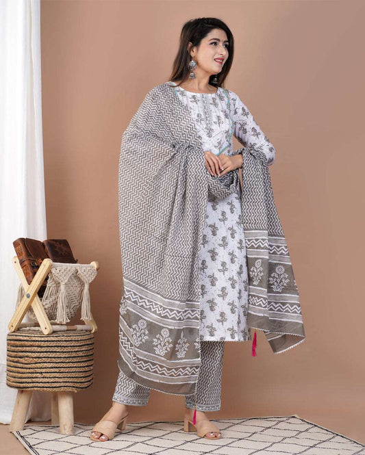 White Gray Dabu Printed Cotton Suit Set With Gota Work On Neck and Dupatta