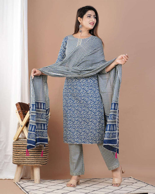 Navy Blue Printed Cotton Suit Set With Gota Work On Neck and Dupatta