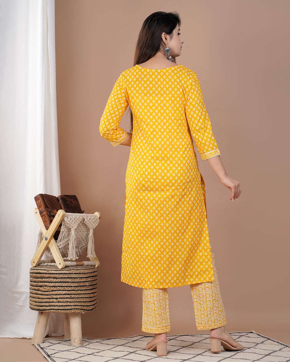 Lemon Yellow Floral Printed Cotton Suit Set With Gota Work On Neck and Dupatta
