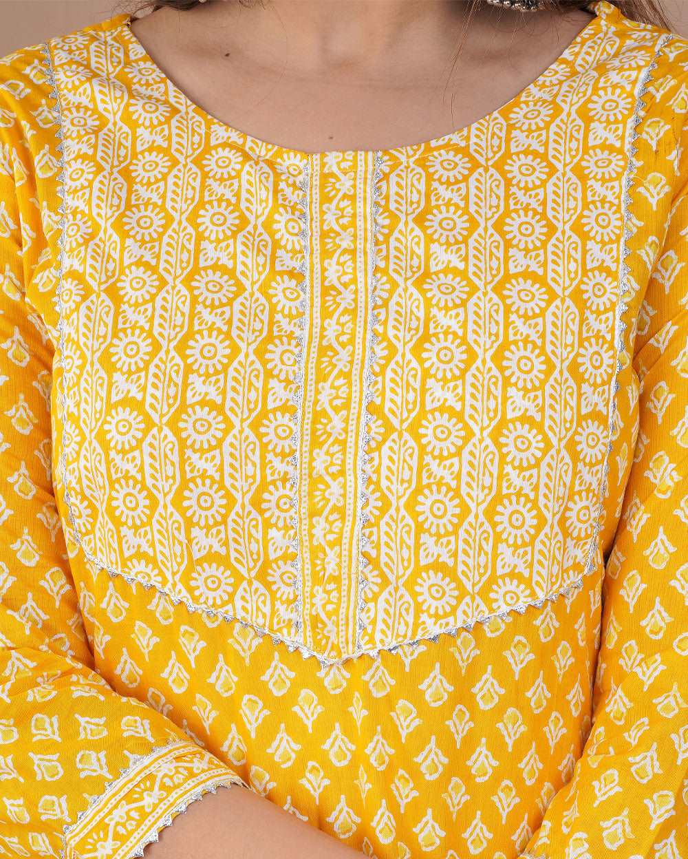 Lemon Yellow Floral Printed Cotton Suit Set With Gota Work On Neck and Dupatta