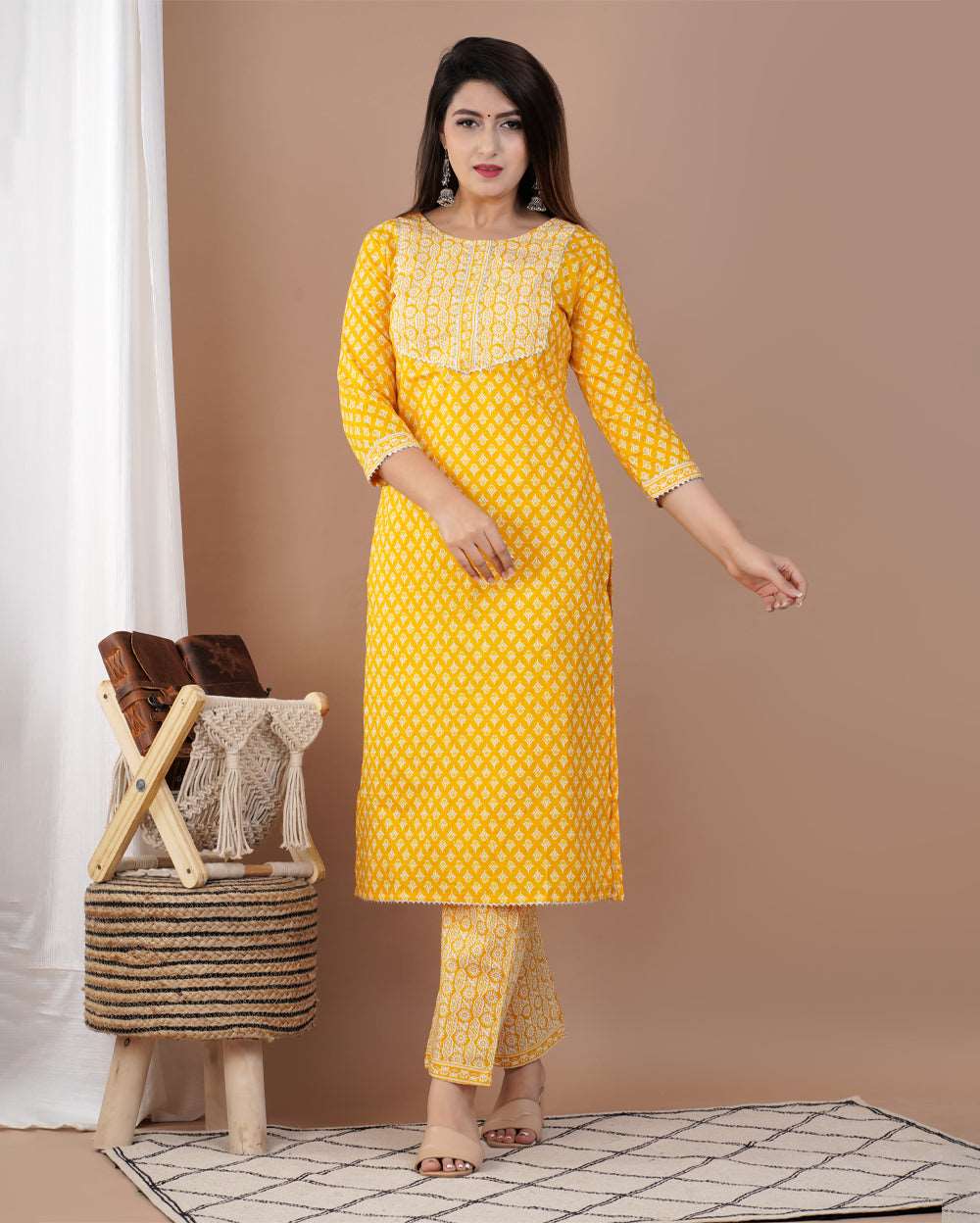 Lemon Yellow Floral Printed Cotton Suit Set With Gota Work On Neck and Dupatta