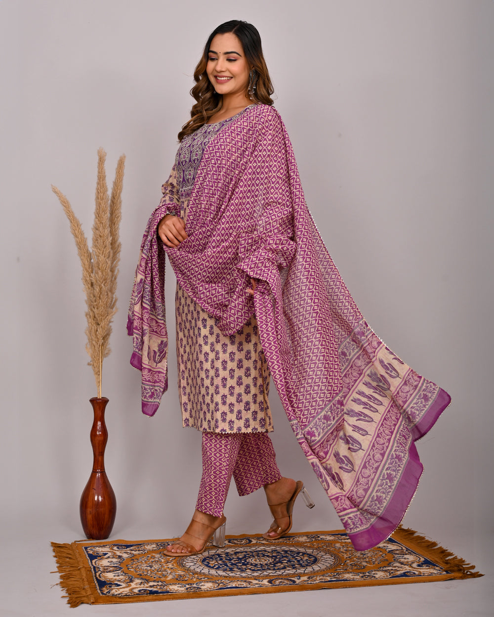 Embroidery Printed Cotton Suit Set With Dupatta