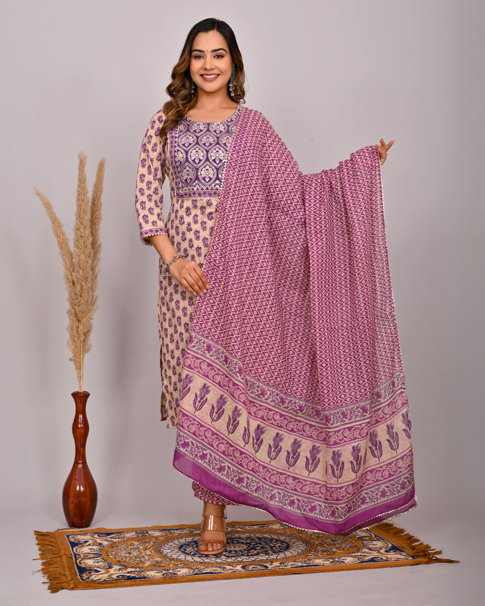 Embroidery Printed Cotton Suit Set With Dupatta