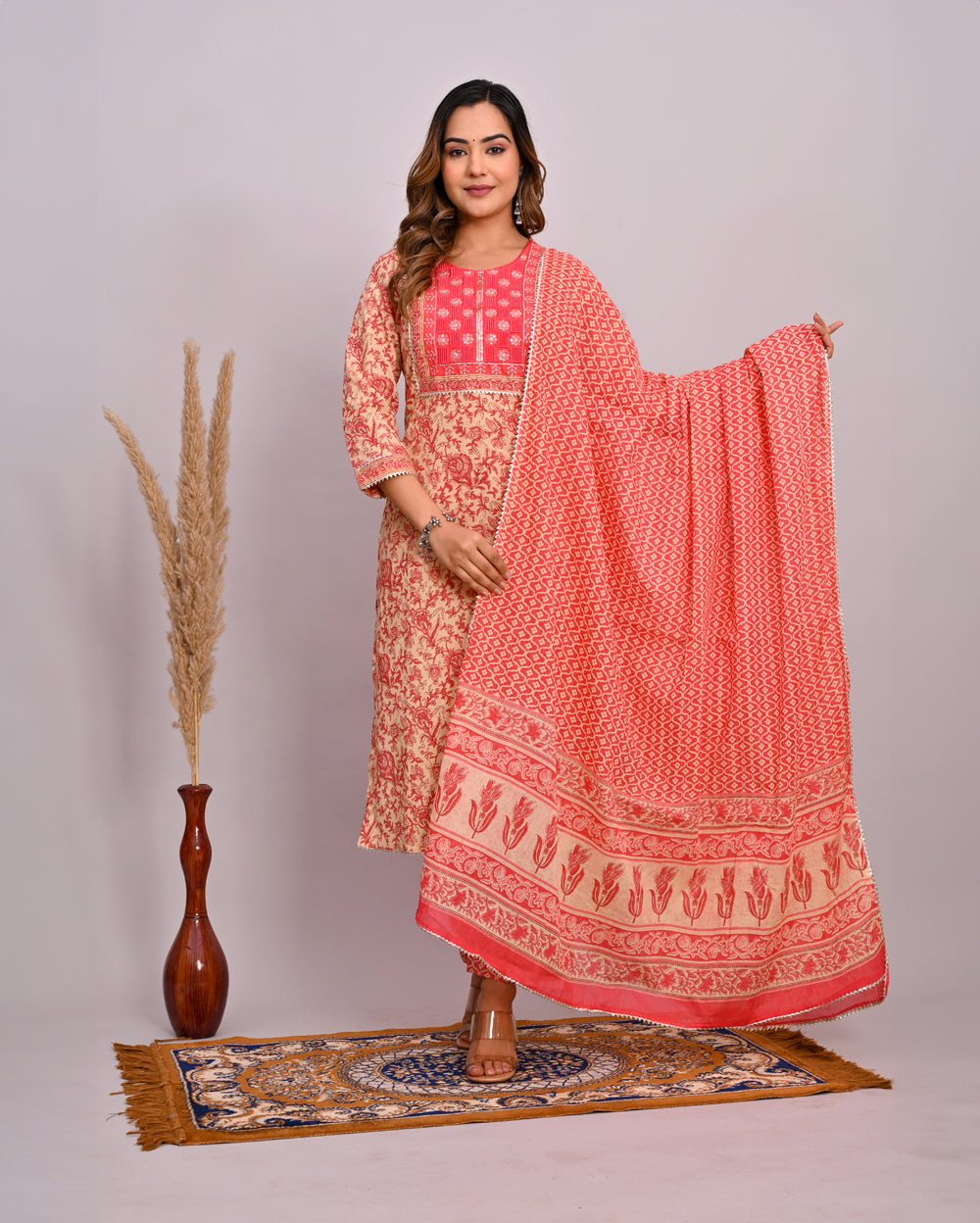 Embroidery Printed Cotton Suit Set With Dupatta