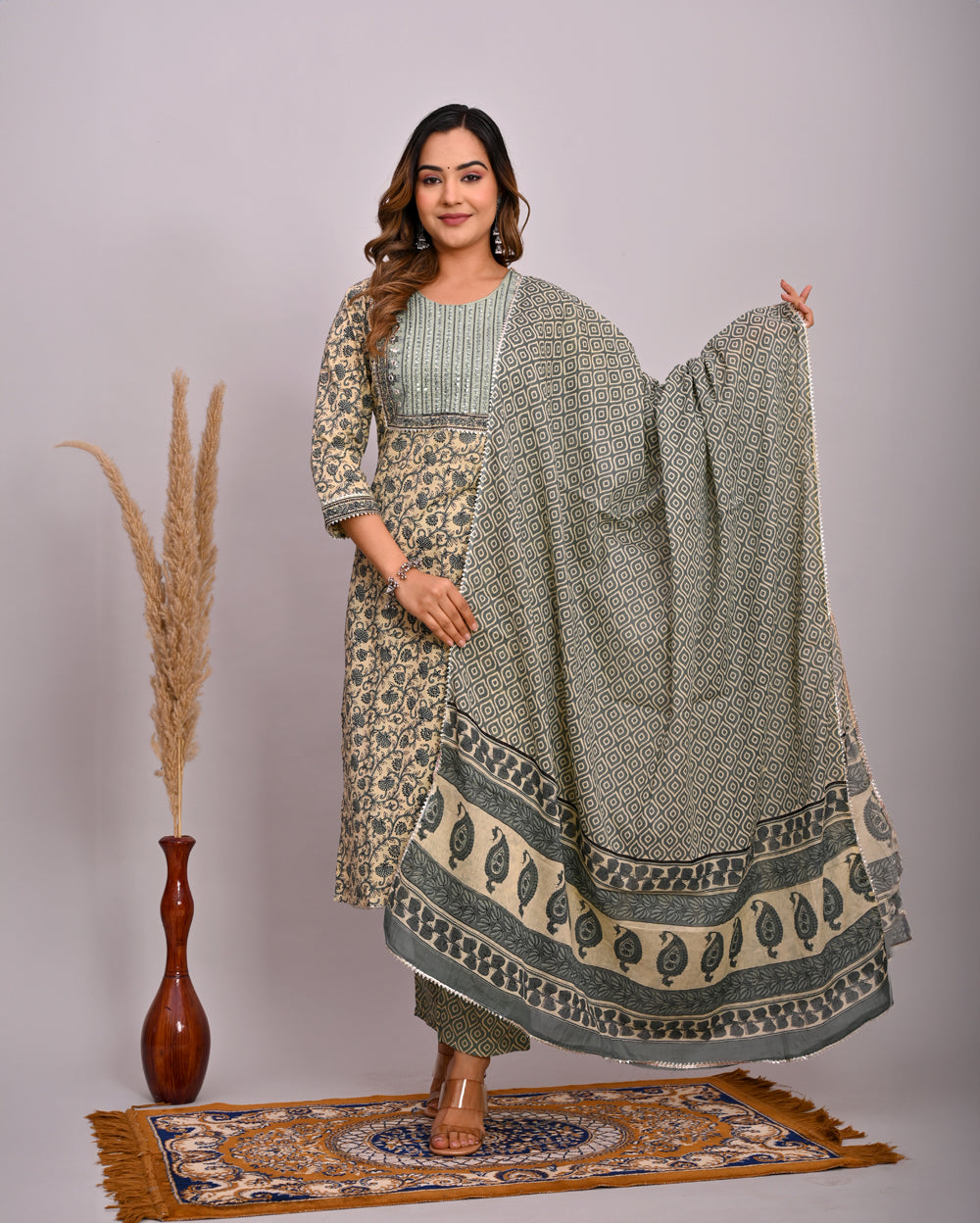 Embroidery Printed Cotton Suit Set With Dupatta