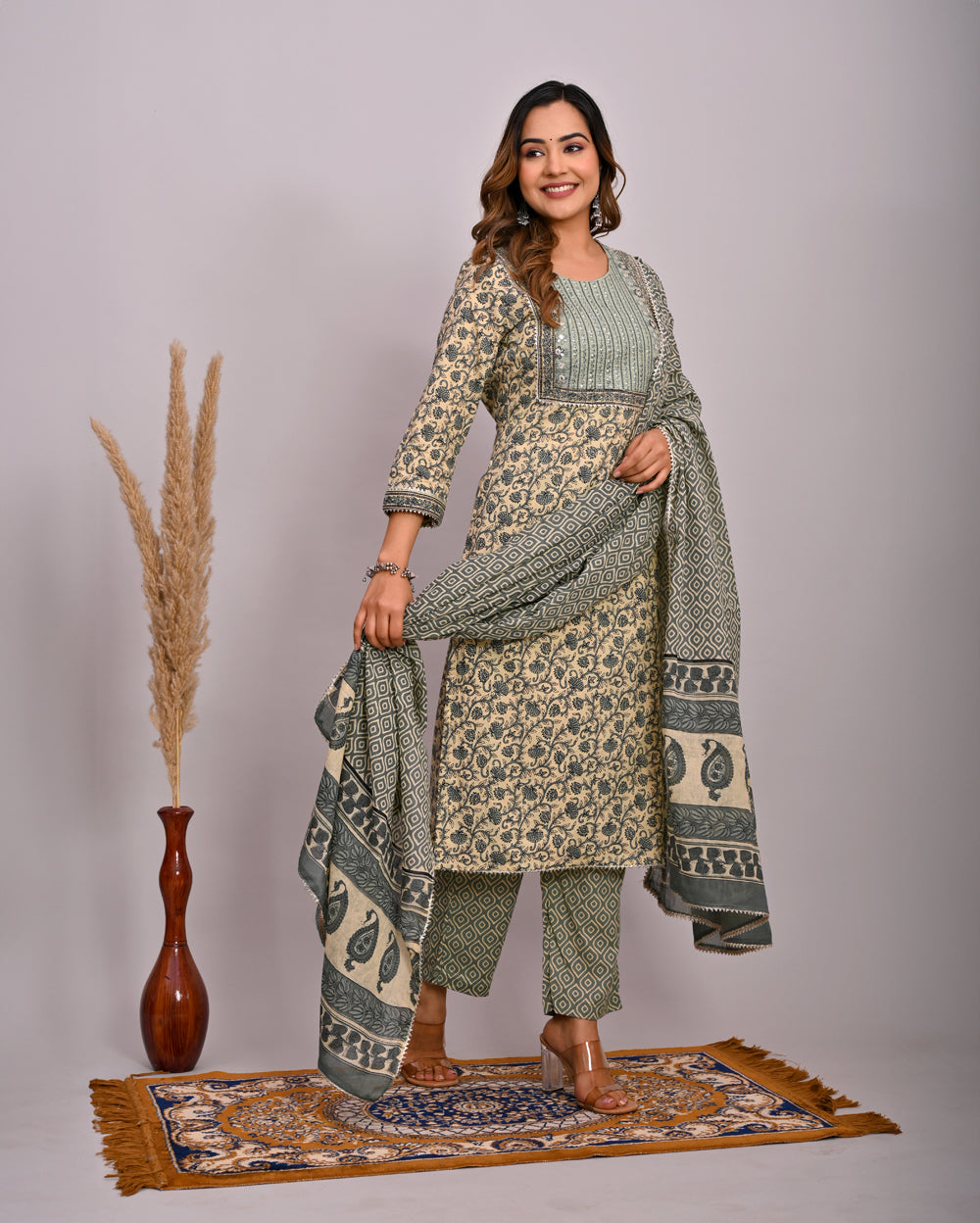 Embroidery Printed Cotton Suit Set With Dupatta