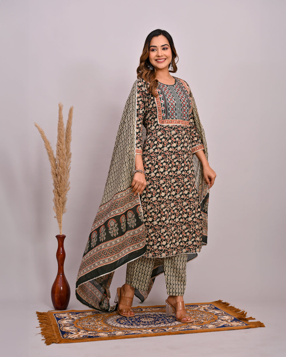 Embroidery Printed Cotton Suit Set With Dupatta
