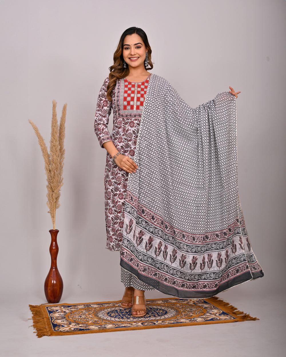 Embroidery Printed Cotton Suit Set With Dupatta
