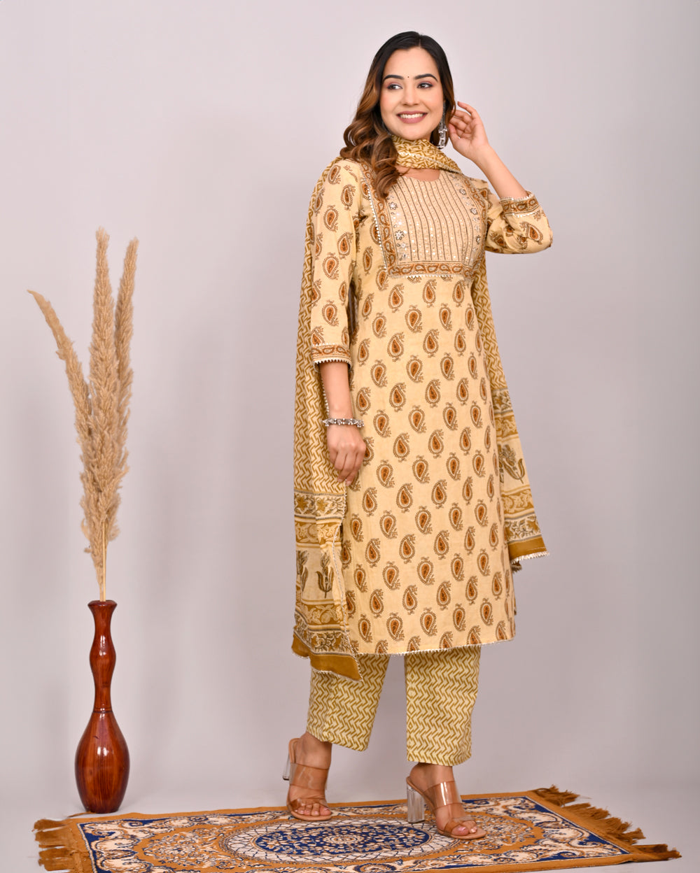 Embroidery Printed Cotton Suit Set With Dupatta