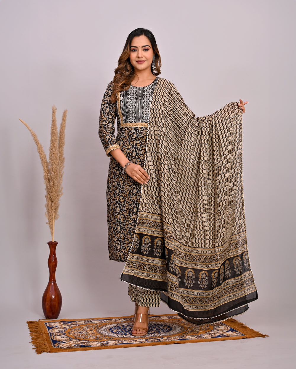 Embroidery Printed Cotton Suit Set With Dupatta