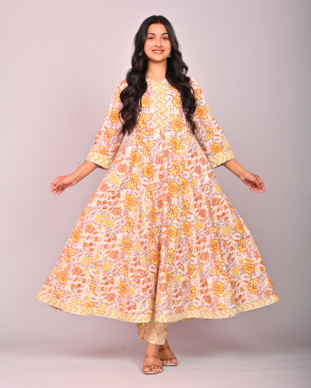 Yellow Floral Printed Cotton Anarkali Suit Set With Dupatta