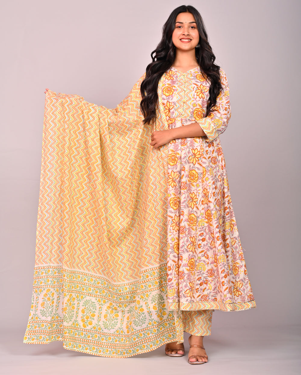 Yellow Floral Printed Cotton Anarkali Suit Set With Dupatta