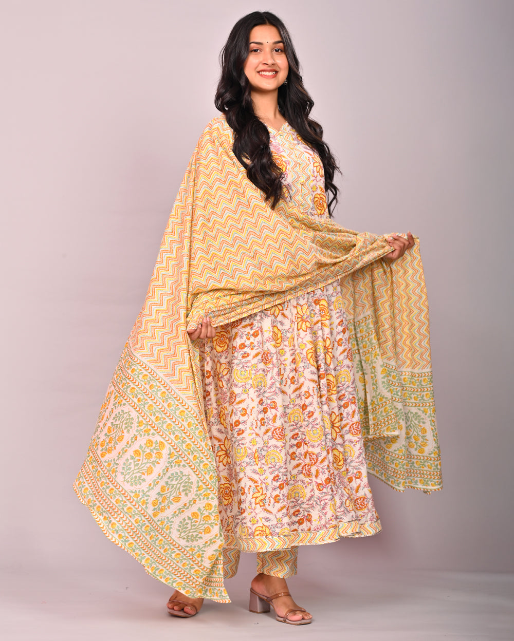 Yellow Floral Printed Cotton Anarkali Suit Set With Dupatta