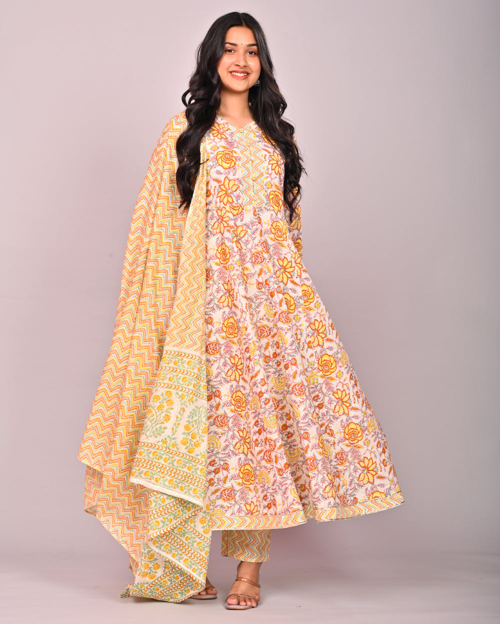 Yellow Floral Printed Cotton Anarkali Suit Set With Dupatta