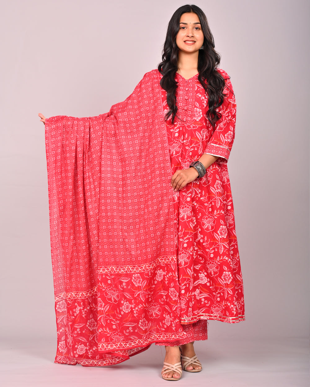 Red Floral Printed Cotton Anarkali Suit Set With Dupatta