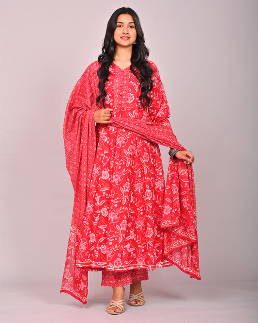 Red Floral Printed Cotton Anarkali Suit Set With Dupatta