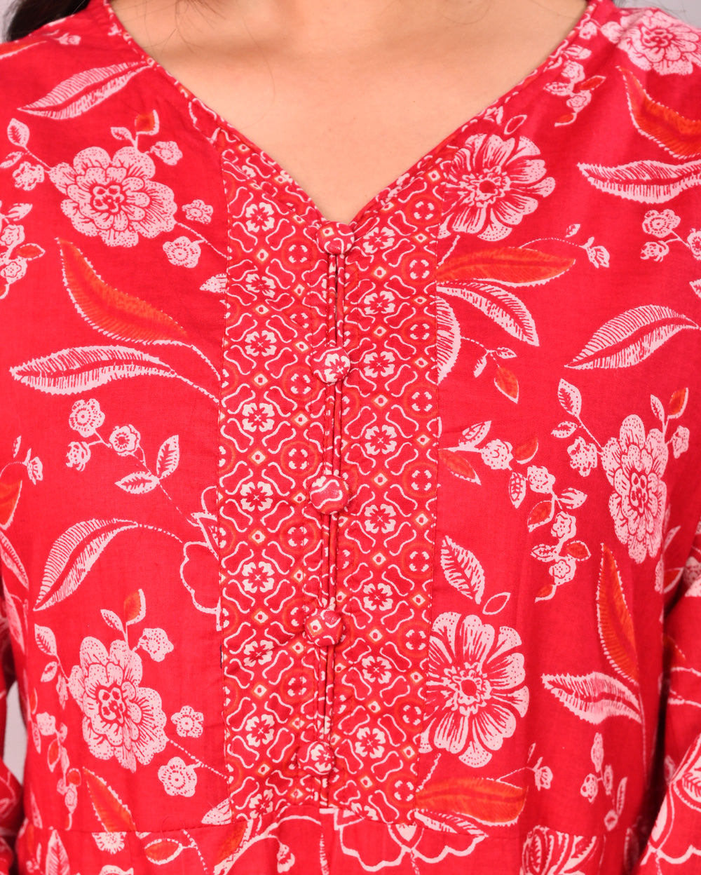 Red Floral Printed Cotton Anarkali Suit Set With Dupatta