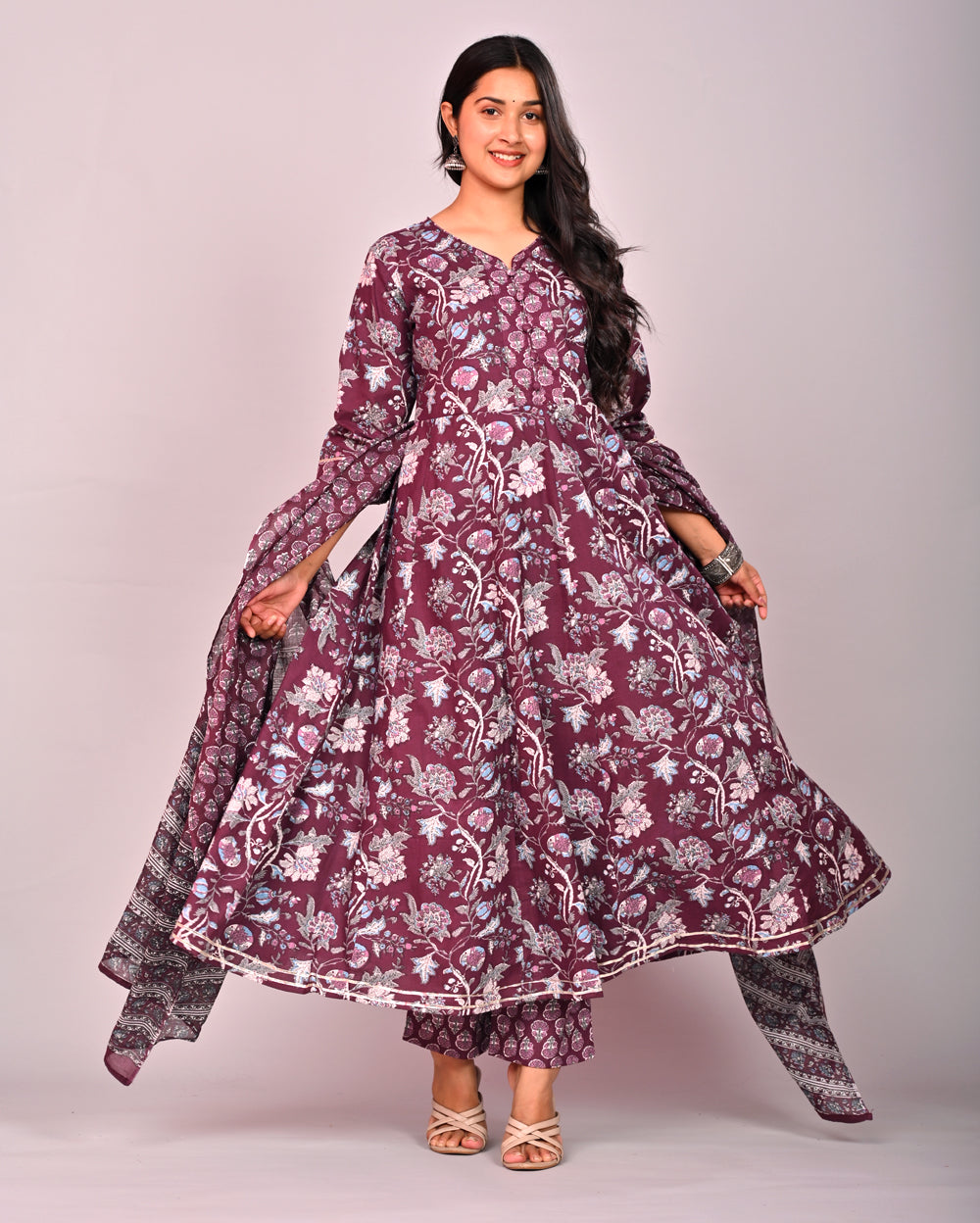 Red Floral Printed Cotton Anarkali Suit Set With Dupatta