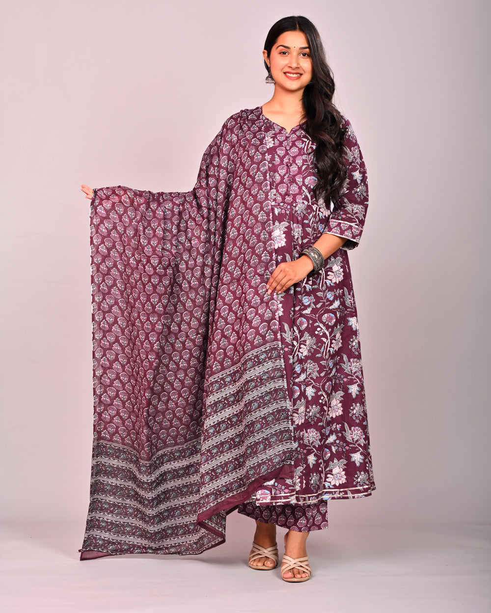 Red Floral Printed Cotton Anarkali Suit Set With Dupatta