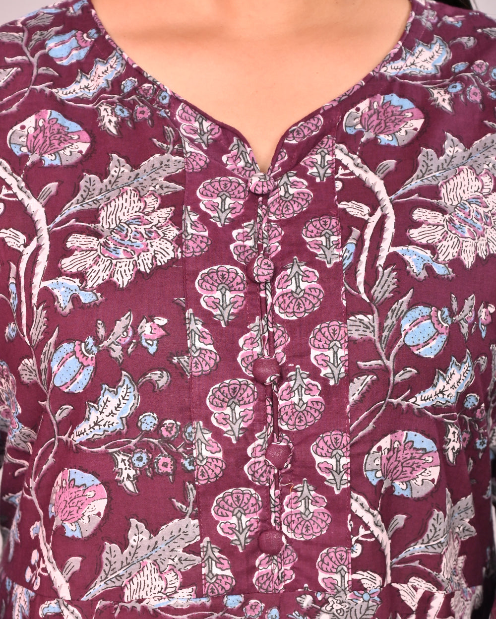 Red Floral Printed Cotton Anarkali Suit Set With Dupatta