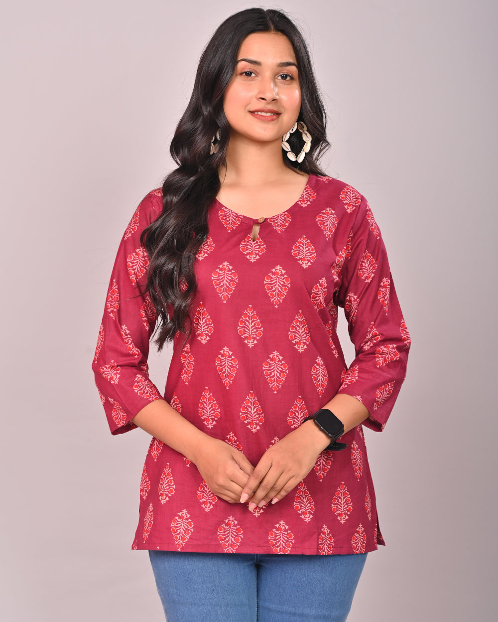 Wine Butil Block Printed Cotton Short Top