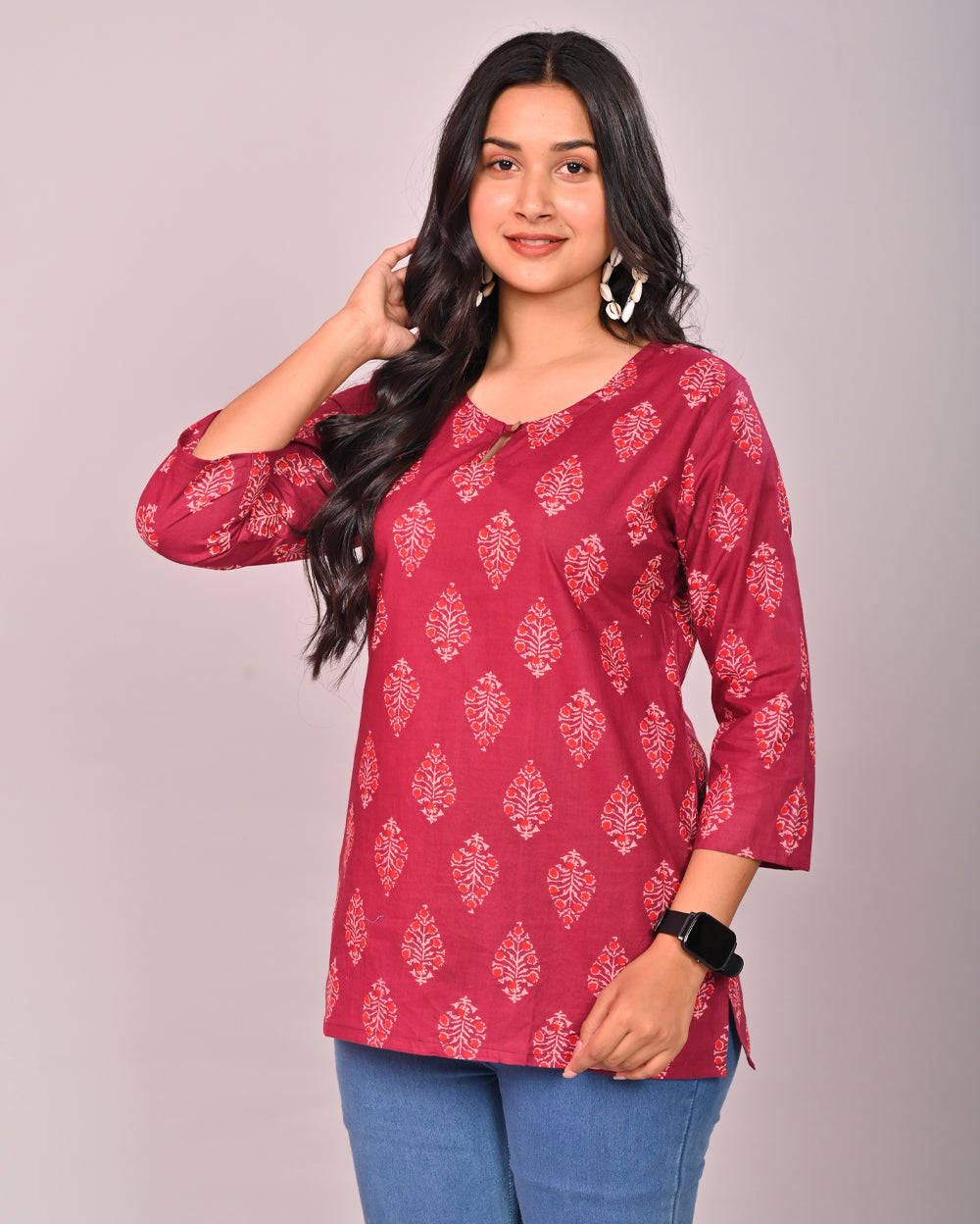 Wine Butil Block Printed Cotton Short Top