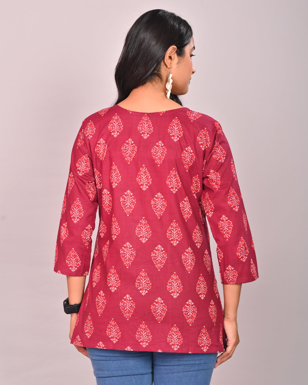 Wine Butil Block Printed Cotton Short Top