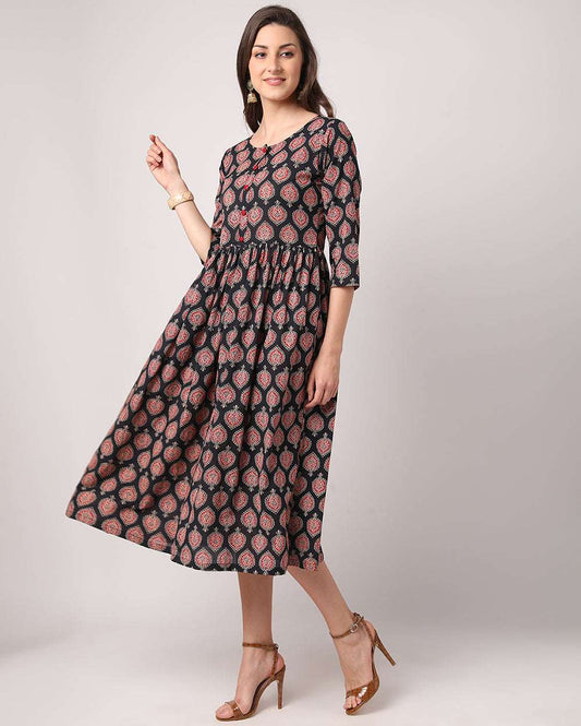 Black and Red Paisley Hand block printed Cotton Dress