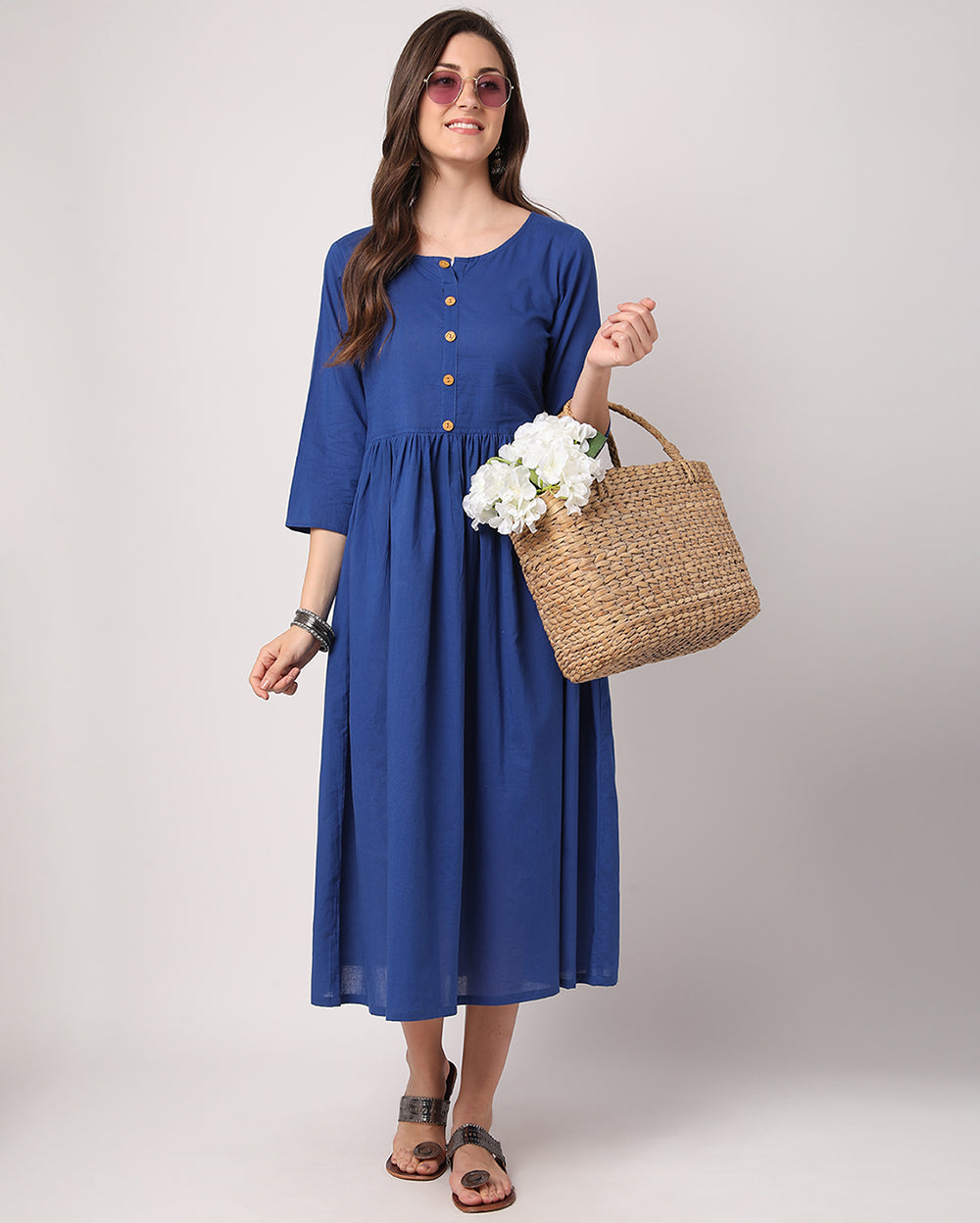 Solid Blue Cotton Dress