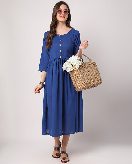 Solid Blue Cotton Dress
