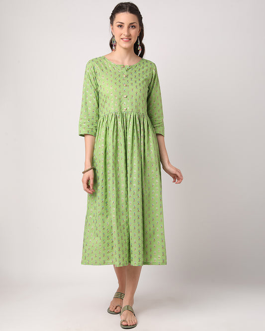 Light Green Floral Hand block printed Cotton Dress