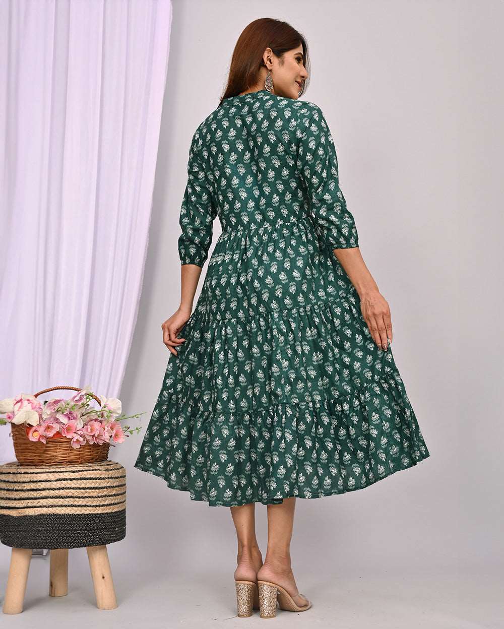 Dark Green with Grey Floral Printed Dress