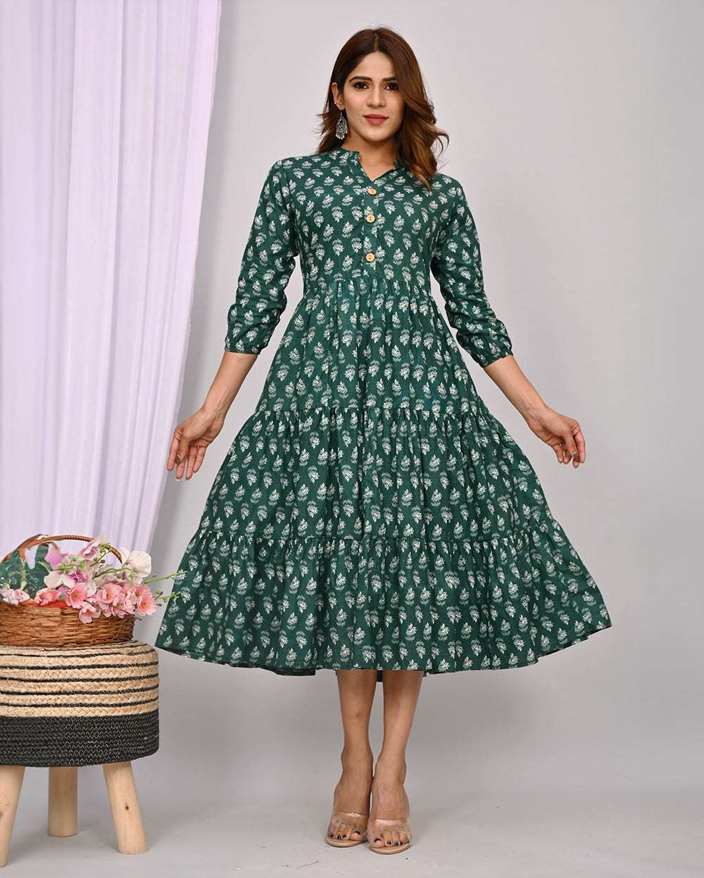 Dark Green with Grey Floral Printed Dress